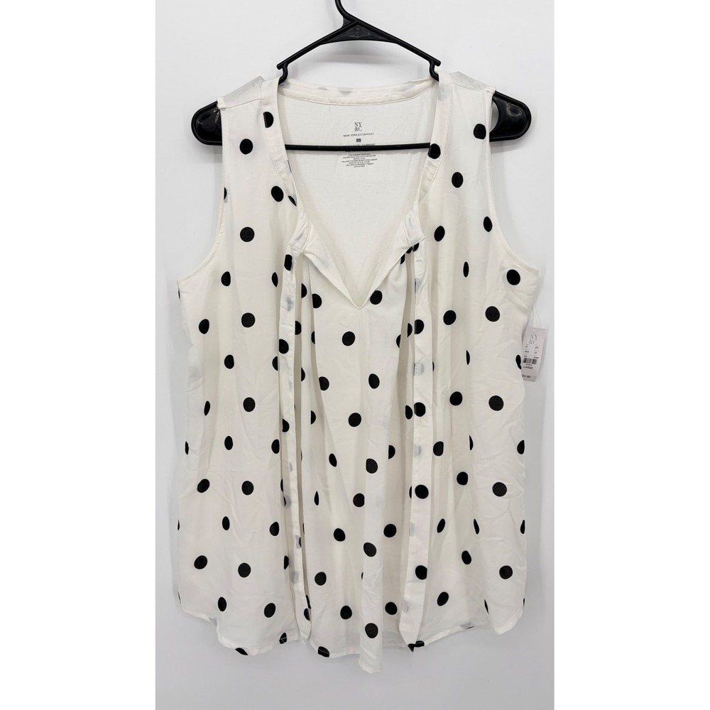 New York & Company Polka Dot Tie Neck Blouse Large Ivory Black Sleeveless